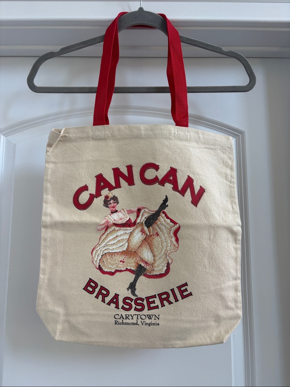 Can Can Brasserie Canvas Tote Bag with Red Handles
